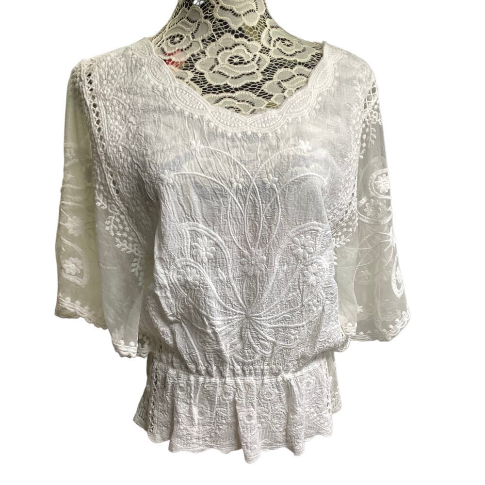 Flawles summer top butterfly‎ sleeves embroidered peplum XS white
